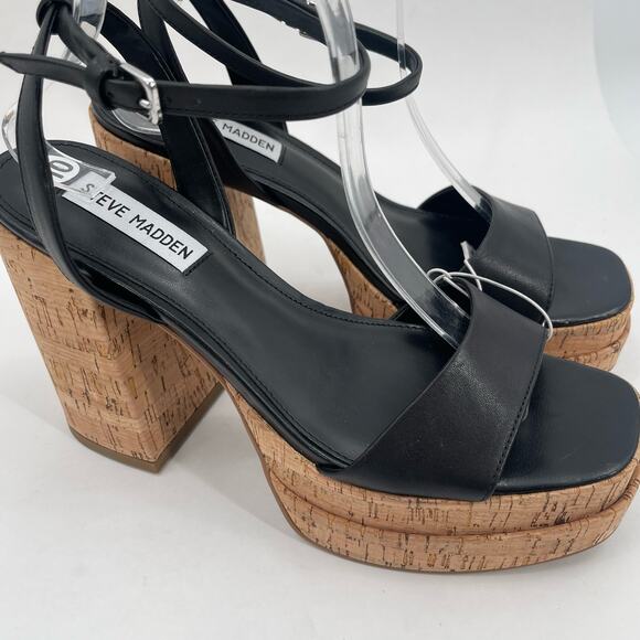 NEW STEVE MADDEN Warped Heels Size 10 Platform Leather Black Cork Y2K Inspired - Picture 4 of 12